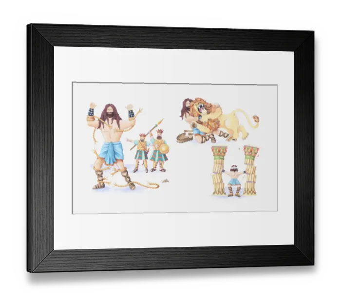 Framed Print : Illustration of a bible scene, Judges 14-16, Samson, God gives Samson extraordinary strength so that he can kill a lion and many Philistines, defeat a whole army and destroy a pagan temple