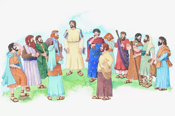 Illustration of a bible scene, John 1, Jesus chooses 12 disciples