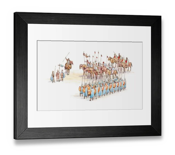 Framed Print : Illustration of Crusaders preparing for battle on foot and on horseback