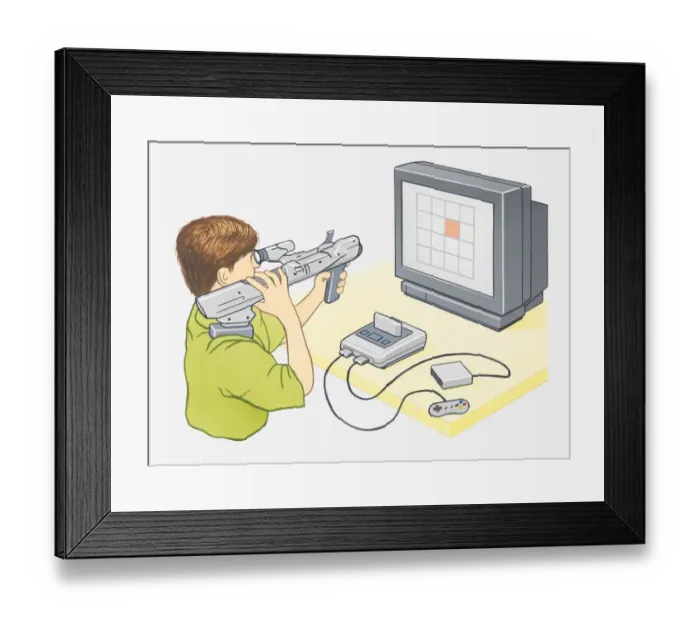 Framed Print : Illustration of boy playing computer game on games console using light gun controller Framed Print : Illustration of boy playing computer game on games console using light gun controller