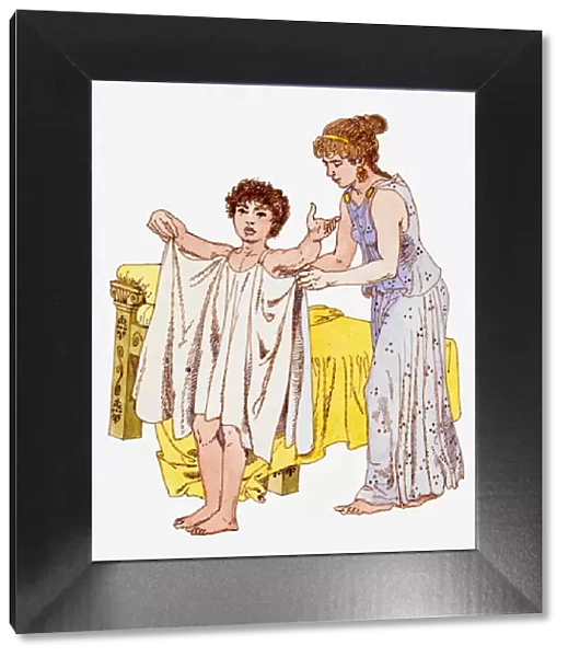 Illustration of ancient Greek slave girl helping Greek boy dress