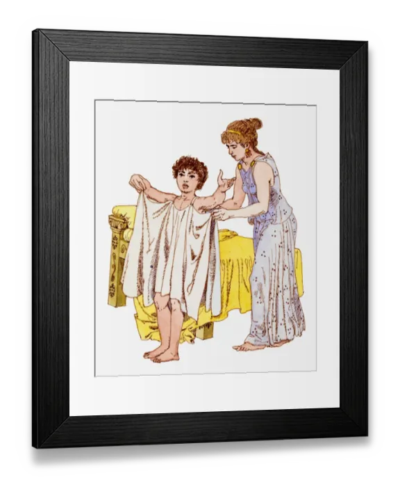 Framed Print : Illustration of ancient Greek slave girl helping Greek boy dress Framed Print : Illustration of ancient Greek slave girl helping Greek boy dress