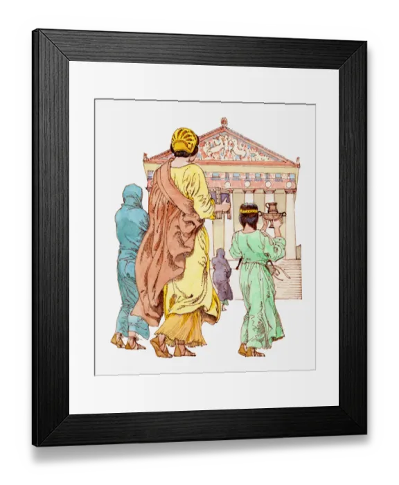 Framed Print : Illustration of ancient Greek girl and mother visiting a temple Framed Print : Illustration of ancient Greek girl and mother visiting a temple