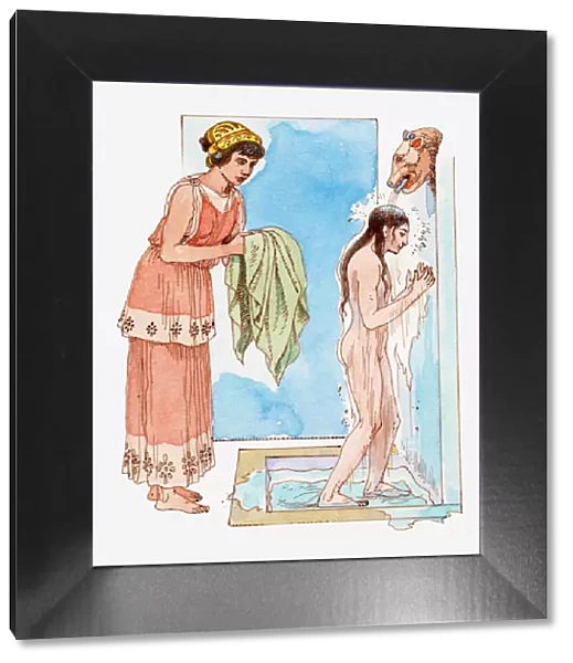 Illustration of ancient Greek girl taking a shower, female slave passing her a towel
