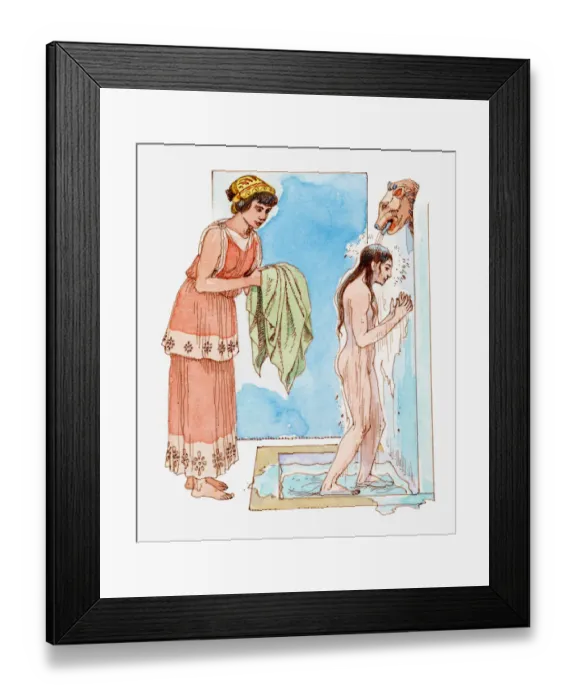 Framed Print : Illustration of ancient Greek girl taking a shower, female slave passing her a towel