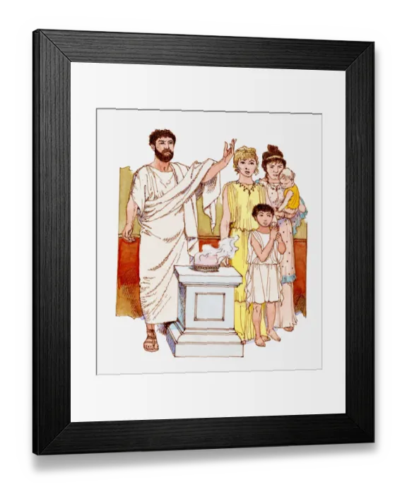 Framed Print : Illustration of ancient Greek family worshipping at altar Framed Print : Illustration of ancient Greek family worshipping at altar