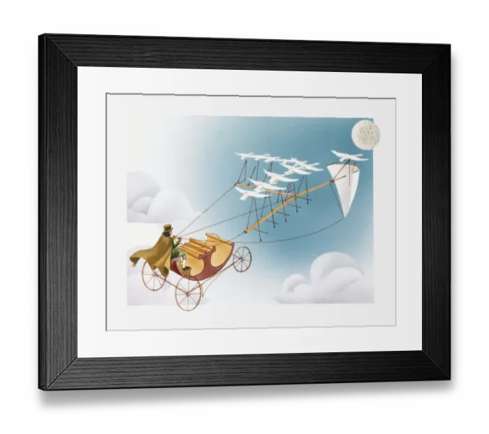Framed Print : Illustration of journey to the moon in a carriage pulled by swans, after Man in the Moon by Francis Goodwin, 17th century Framed Print : Illustration of journey to the moon in a carriage pulled by swans, after Man in the Moon by Francis Goodwin, 17th century