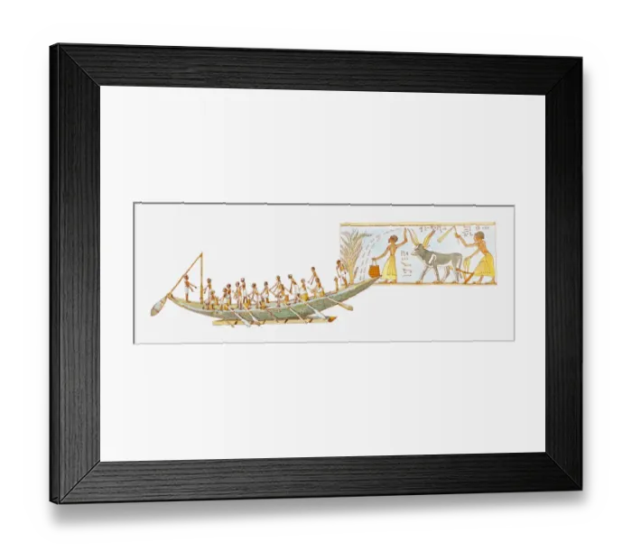 Framed Print : Illustration of ancient Egyptian boat and painting showing agricultural scene Framed Print : Illustration of ancient Egyptian boat and painting showing agricultural scene