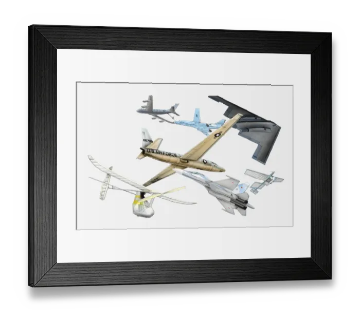 Framed Print : Illustration of various aircraft, Douglas DC-8 refuelling a B-1 aircraft mid-air, U-2 spy plane, B-2 stealth bomber, MIT Daedalus, Sukhoi Su-27, Solar Challenger Framed Print : Illustration of various aircraft, Douglas DC-8 refuelling a B-1 aircraft mid-air, U-2 spy plane, B-2 stealth bomber, MIT Daedalus, Sukhoi Su-27, Solar Challenger