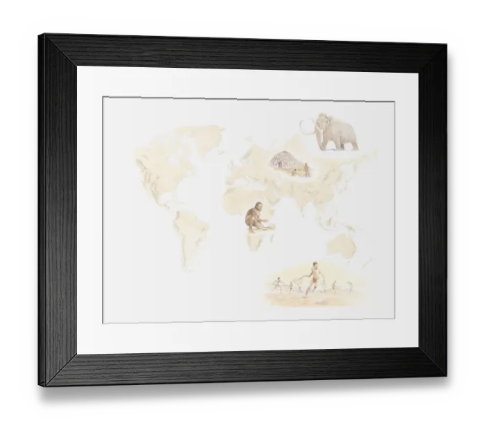 Framed Print : Illustration of distribution early human hunter-gatherers across the world from Mezherich in Ukraine, Mammoth, Lake Mungo settlement in Australia, and Olduvai Gorge, Tanzania