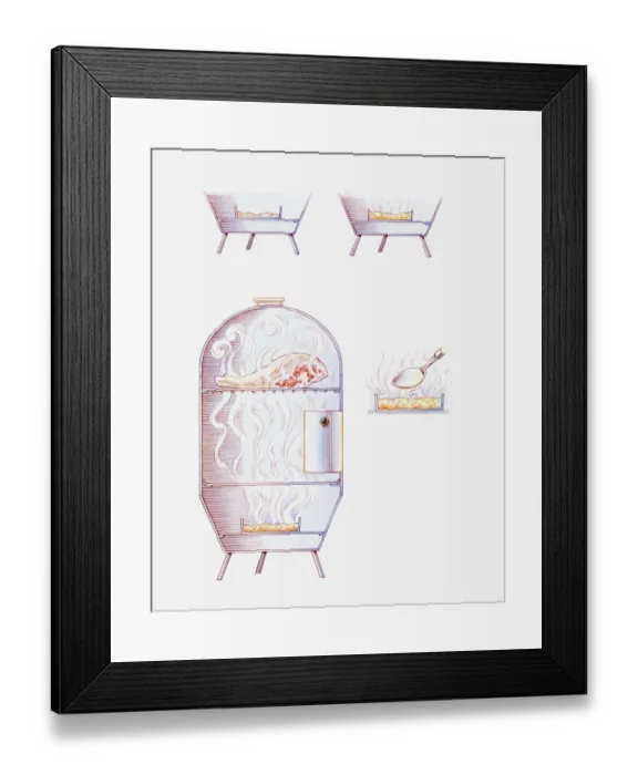 Framed Print : Cross section illustration showing the process of smoking meat in metal smoking oven Framed Print : Cross section illustration showing the process of smoking meat in metal smoking oven