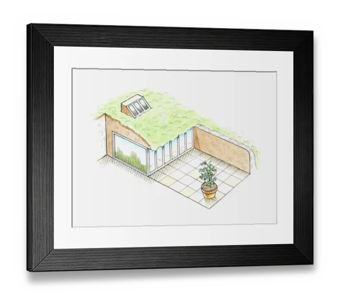 Framed Print : Illustration of modern earth house with glass facade, dormer window on grass roof, and patio Framed Print : Illustration of modern earth house with glass facade, dormer window on grass roof, and patio