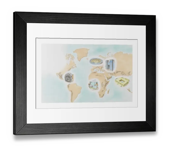 Framed Print : Illustration showing the first cities around the world at Wasserburg Bachau, Babylon, Mohenjo-daro, Shadoof irrigation, and the Olmecs La Venta Framed Print : Illustration showing the first cities around the world at Wasserburg Bachau, Babylon, Mohenjo-daro, Shadoof irrigation, and the Olmecs La Venta