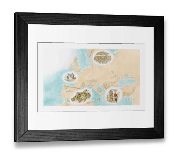 Framed Print : Illustration of Novgorod, Chateau de Saumur, Granada and Gutenberg Press during Medieval era Framed Print : Illustration of Novgorod, Chateau de Saumur, Granada and Gutenberg Press during Medieval era