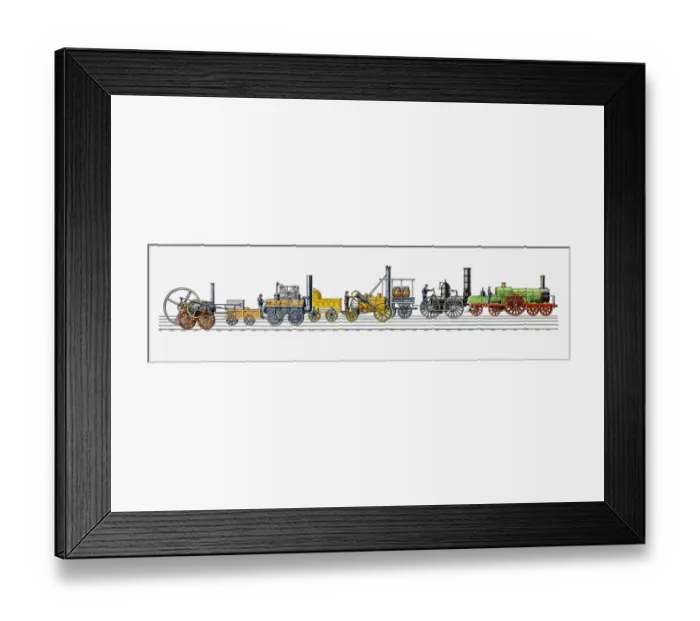 Framed Print : Illustration of development of British and American steam trains of the 19th century from 1803 to 1874