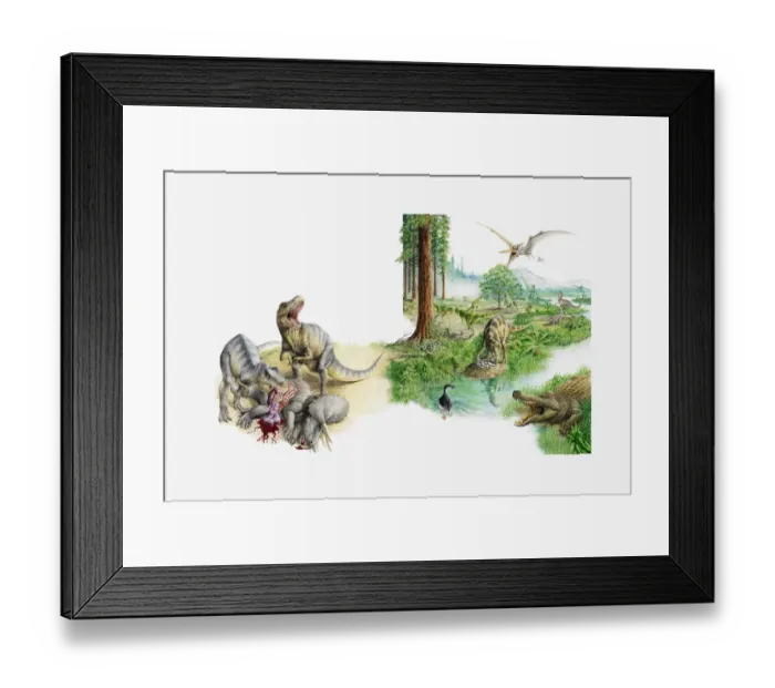 Framed Print : Illustration of prehistoric scene showing various dinosaurs, Tyrannosaursus eating Triceratops Framed Print : Illustration of prehistoric scene showing various dinosaurs, Tyrannosaursus eating Triceratops