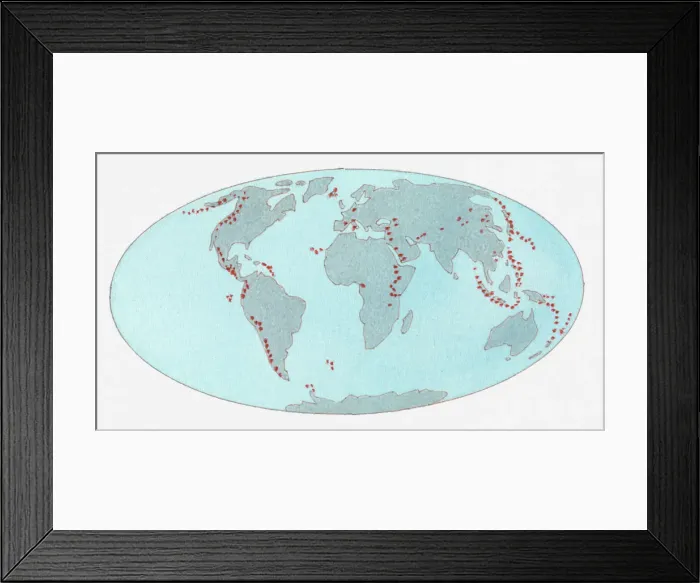 Framed Print : Illustration of volcanic zones dotted across the globe Framed Print : Illustration of volcanic zones dotted across the globe