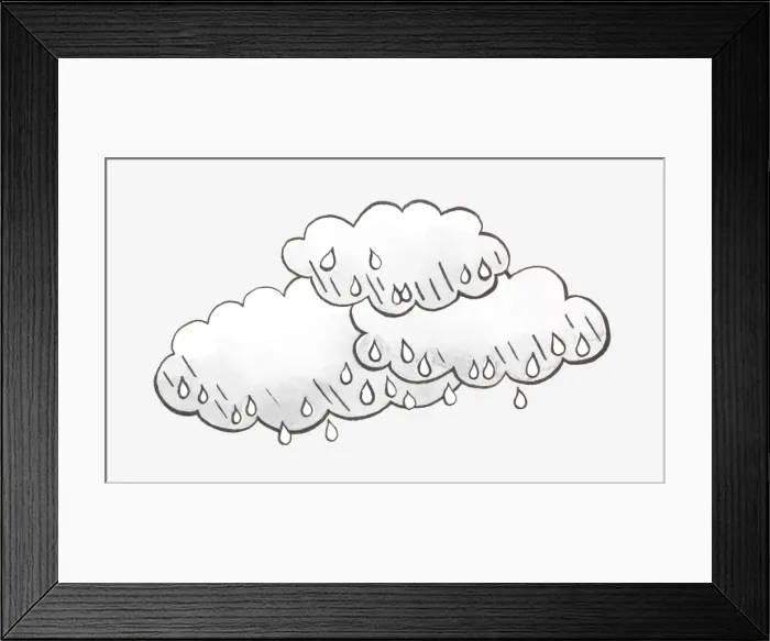 Framed Print : Black and white illustration of rain clouds and raindrops