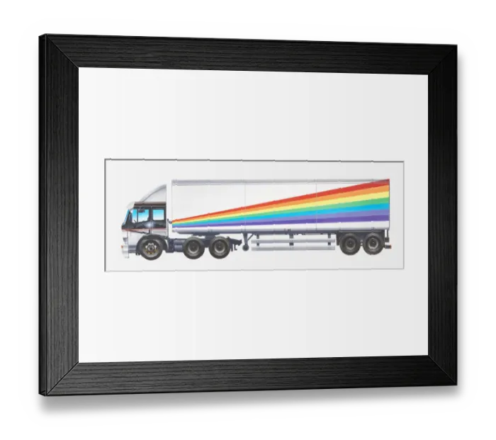 Framed Print : Illustration of rainbow striped articulated lorry Framed Print : Illustration of rainbow striped articulated lorry