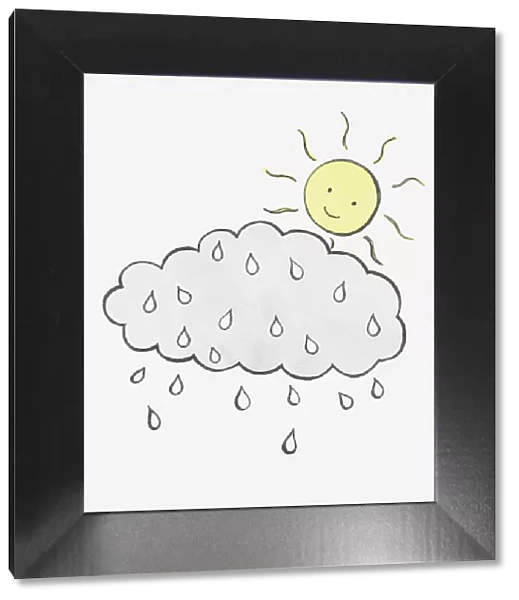 Illustration of sun with smiley face looking down at rain and cloud