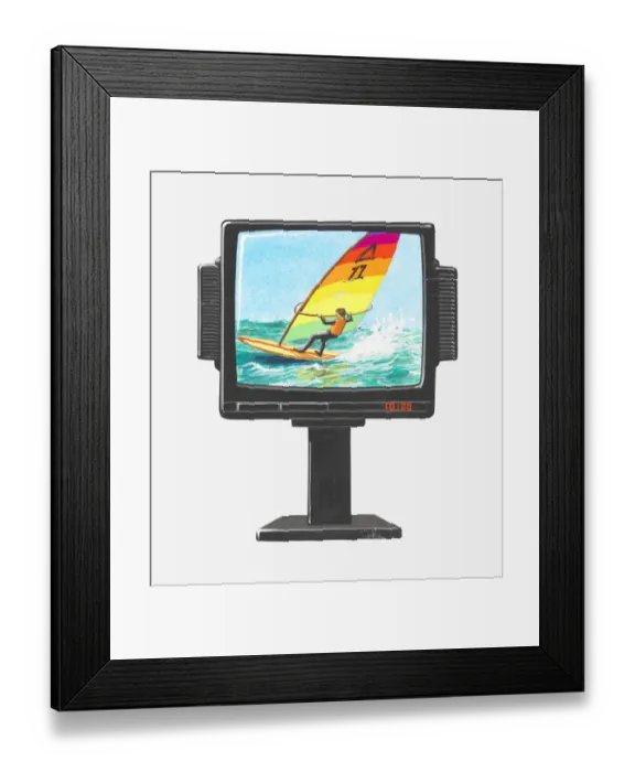 Framed Print : Illustration of windsurfer on colour television Framed Print : Illustration of windsurfer on colour television
