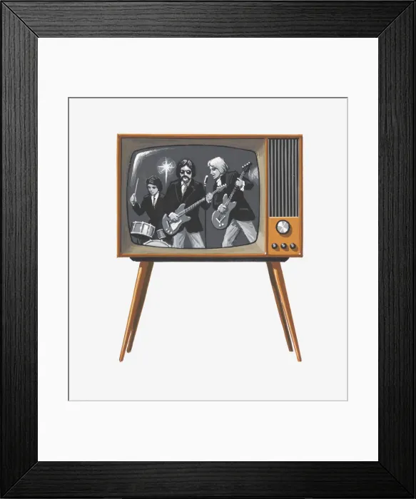 Framed Print : Illustration of 1960s pop band on black and white television Framed Print : Illustration of 1960s pop band on black and white television