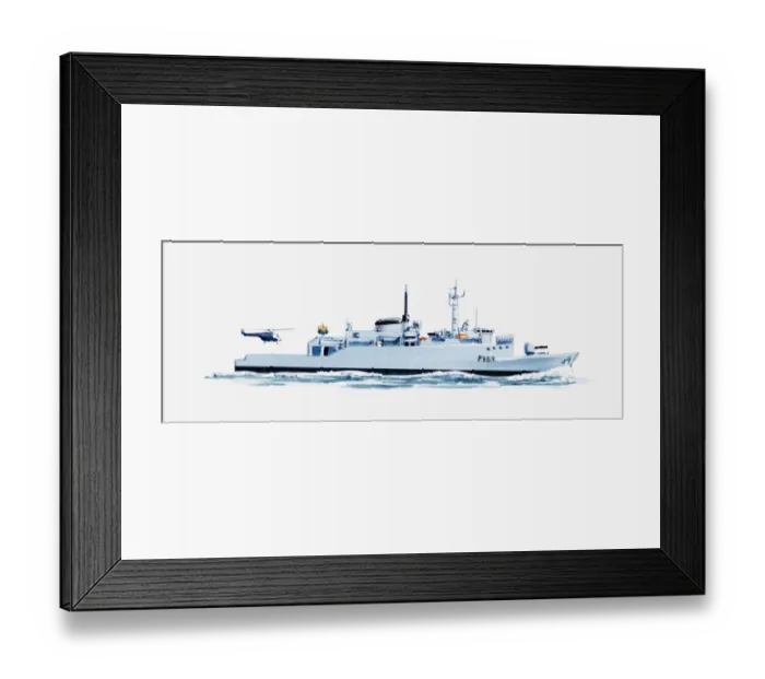 Framed Print : Illustration of naval frigate with helicopter landing on deck