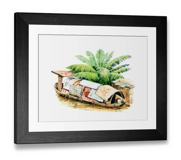 Framed Print : Illustration of Bangkok houseboat with corrugated iron roof Framed Print : Illustration of Bangkok houseboat with corrugated iron roof