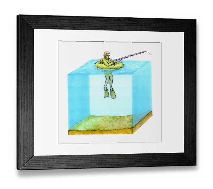 Framed Print : Cross section illustration of freshwater fisherman in float tube wearing flippers for propulsion in water Framed Print : Cross section illustration of freshwater fisherman in float tube wearing flippers for propulsion in water