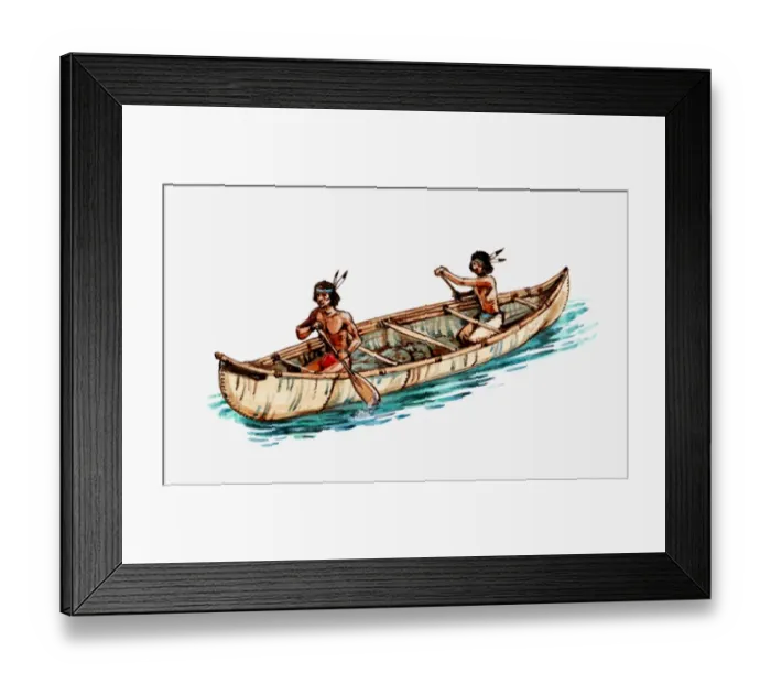 Framed Print : Illustration of Native Americans rowing bark canoe Framed Print : Illustration of Native Americans rowing bark canoe