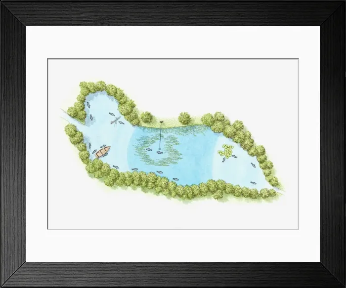 Framed Print : Illustration of trout lake fed by stream and spring, with tree-lined banks, clear water with some heavy weed, trout, and fishing boat
