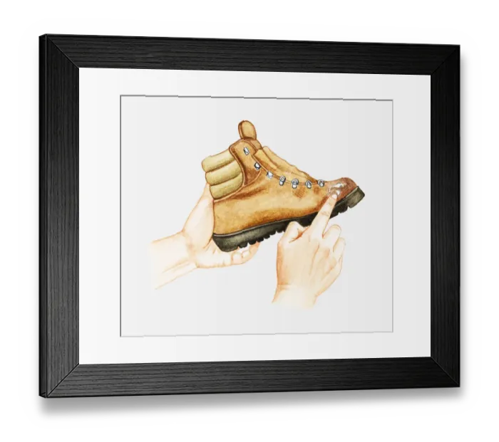 Framed Print : Illustration of man repairing scuff on hiking boot Framed Print : Illustration of man repairing scuff on hiking boot