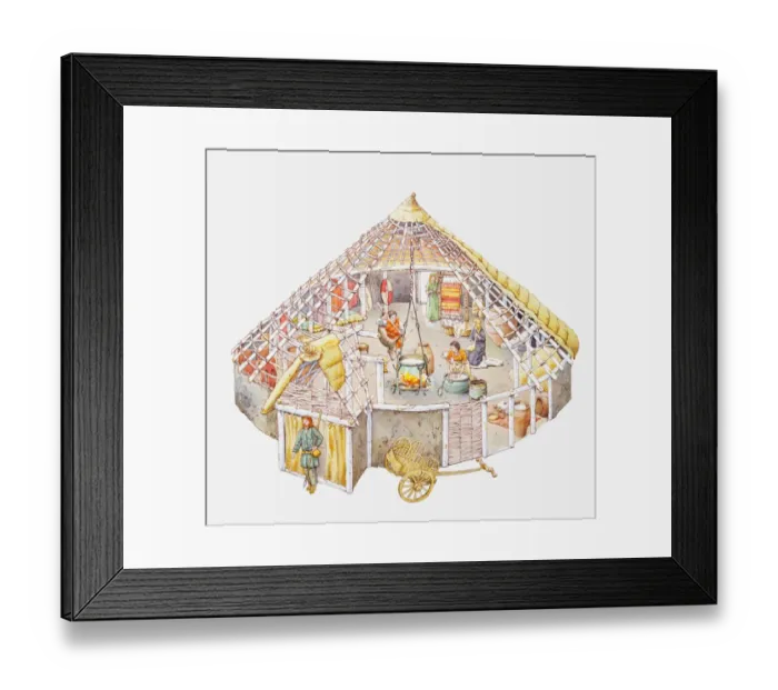Framed Print : Illustration of a Celtic home showing cooking cauldron hanging on a cross-beam from the wooden frame of the house, walls made from woven branches, thatched roof, people engaged in household jobs Framed Print : Illustration of a Celtic home showing cooking cauldron hanging on a cross-beam from the wooden frame of the house, walls made from woven branches, thatched roof, people engaged in household jobs