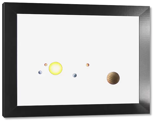 Illustration of the solar system including the first eight planets in their relative orbits around the sun