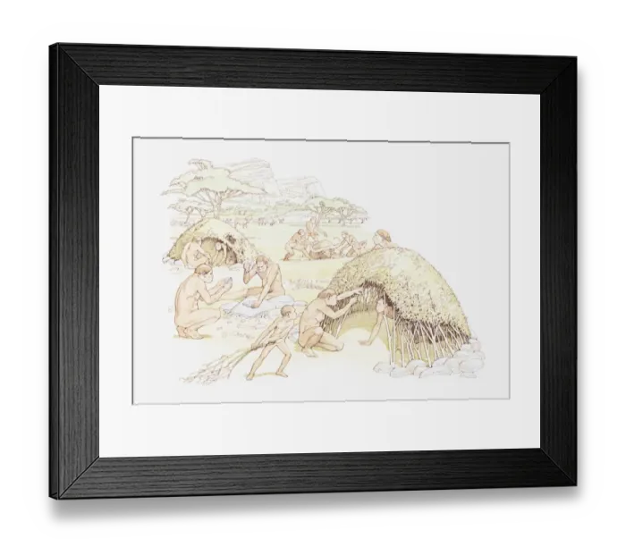 Framed Print : Illustration of Homo habilis settlement at Olduvai Gorge, Tanzania