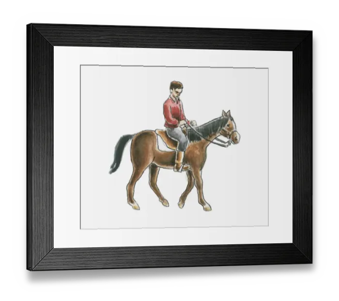 Framed Print : Illustration of man riding a brown horse Framed Print : Illustration of man riding a brown horse