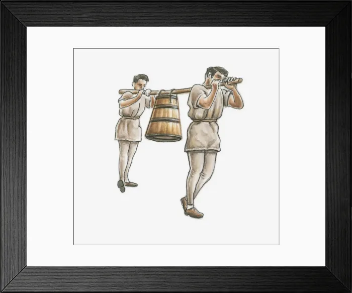 Framed Print : Illustration of two men carrying barrel using a yoke Framed Print : Illustration of two men carrying barrel using a yoke