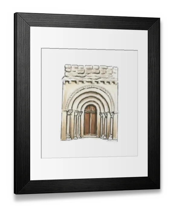 Framed Print : Illustration of Romanesque chapel entrance at Esclottes, Pays du Dropt, Lot-et-Garonne, France