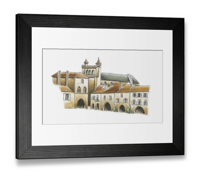 Framed Print : Illustration of Place des Arcades, Monflanquin, Lot-et-Garonne, France