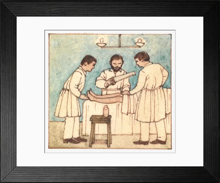 Framed Print : Illustration of ancient surgery techniques, using saw to amputate