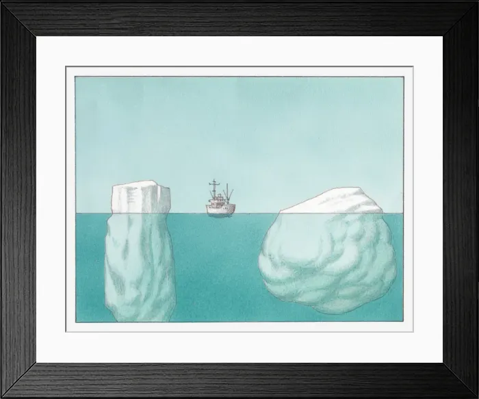 Framed Print : Illustration of a ship between two icebergs Framed Print : Illustration of a ship between two icebergs