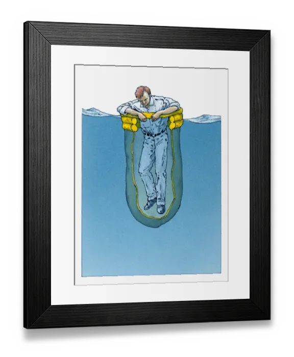 Framed Print : Illustration of a man inside a shark screen bag entering water Framed Print : Illustration of a man inside a shark screen bag entering water