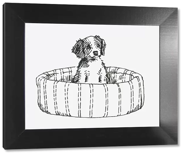 Black and white illustration of a puppy sitting up in a dog bed