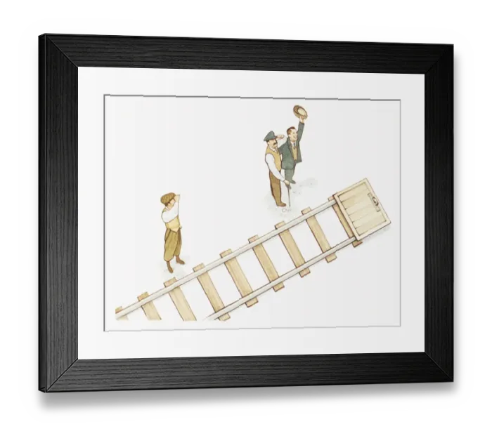 Framed Print : Illustration of the Wright Brothers and newspaper reporter looking up at sky as they stand next to trolley at the end of a two-railed track Framed Print : Illustration of the Wright Brothers and newspaper reporter looking up at sky as they stand next to trolley at the end of a two-railed track