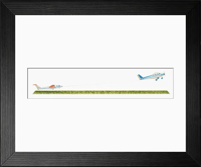 Framed Print : Illustration of tow plane pulling glider into the air by cable Framed Print : Illustration of tow plane pulling glider into the air by cable