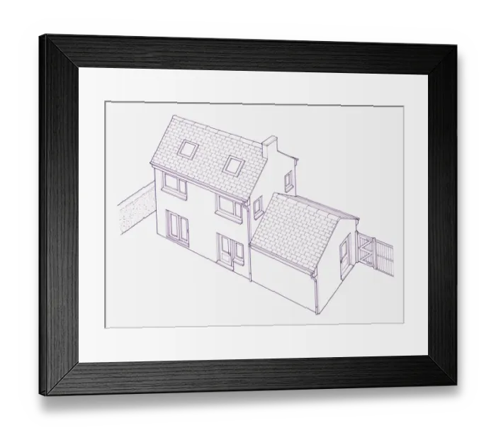Framed Print : Blueprint illustration of house with extension Framed Print : Blueprint illustration of house with extension