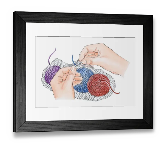 Framed Print : Illustration of securing balls of wool in net back using safety pin to prevent tangling Framed Print : Illustration of securing balls of wool in net back using safety pin to prevent tangling