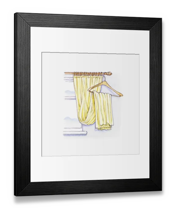 Framed Print : Illustration of a yellow curtain looped over a hanger to move it away from the window