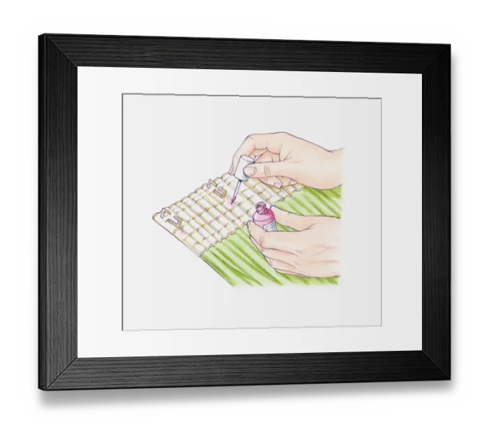 Framed Print : Illustration of using nail varnish to mark place where curtain hooks are placed Framed Print : Illustration of using nail varnish to mark place where curtain hooks are placed