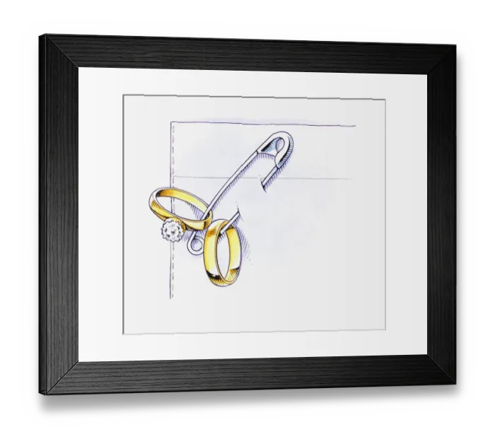 Framed Print : Illustration of using safety pin to secure wedding rings to fabric to avoid losing Framed Print : Illustration of using safety pin to secure wedding rings to fabric to avoid losing